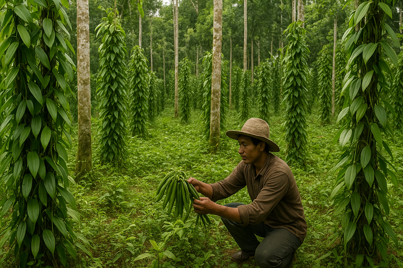 Indonesian vanilla plantation with workers